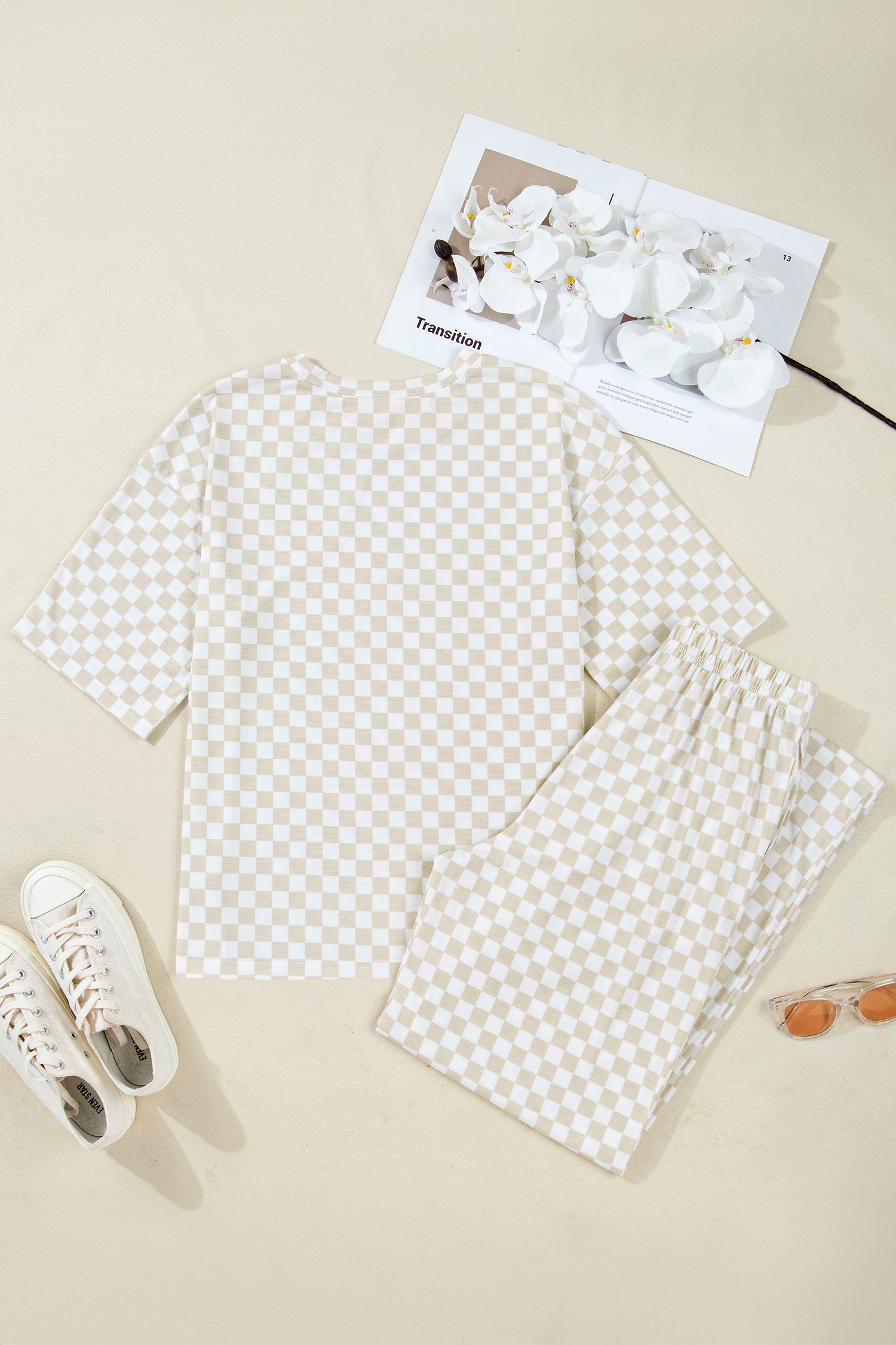 Checkered Print Half Sleeve Tee 2pcs Lounge Pant Set – Rose