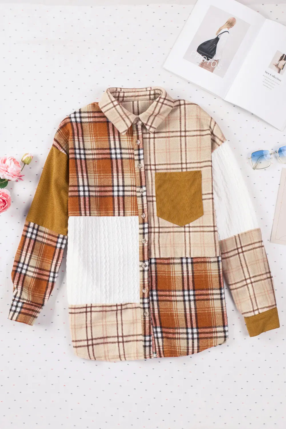 Orange Plaid Colour Block Patchwork Shirt Jacket with Pocket