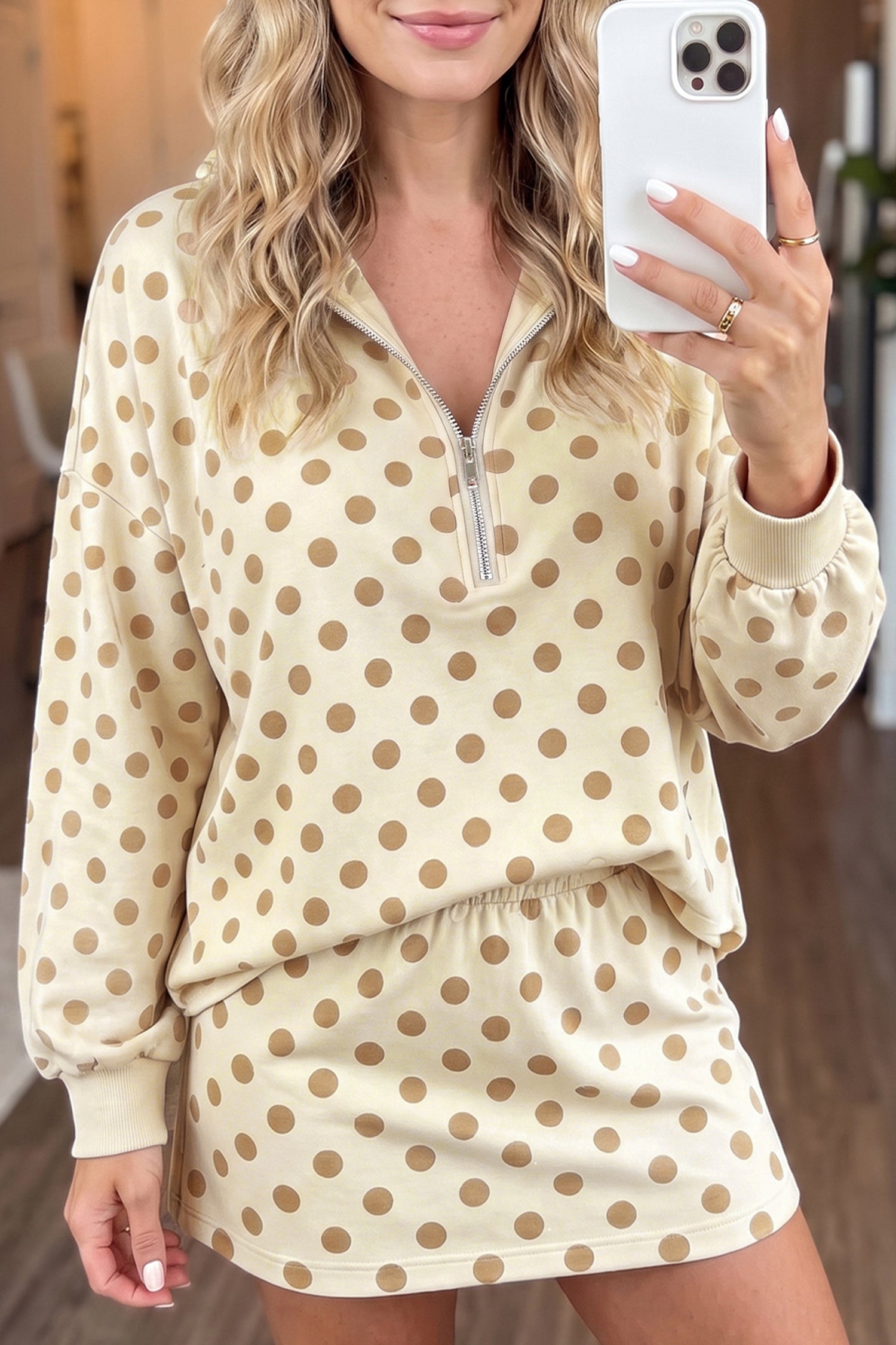 Polka Dot Hooded Long Sleeve Top Casual Mini Skort Set – Khaki
