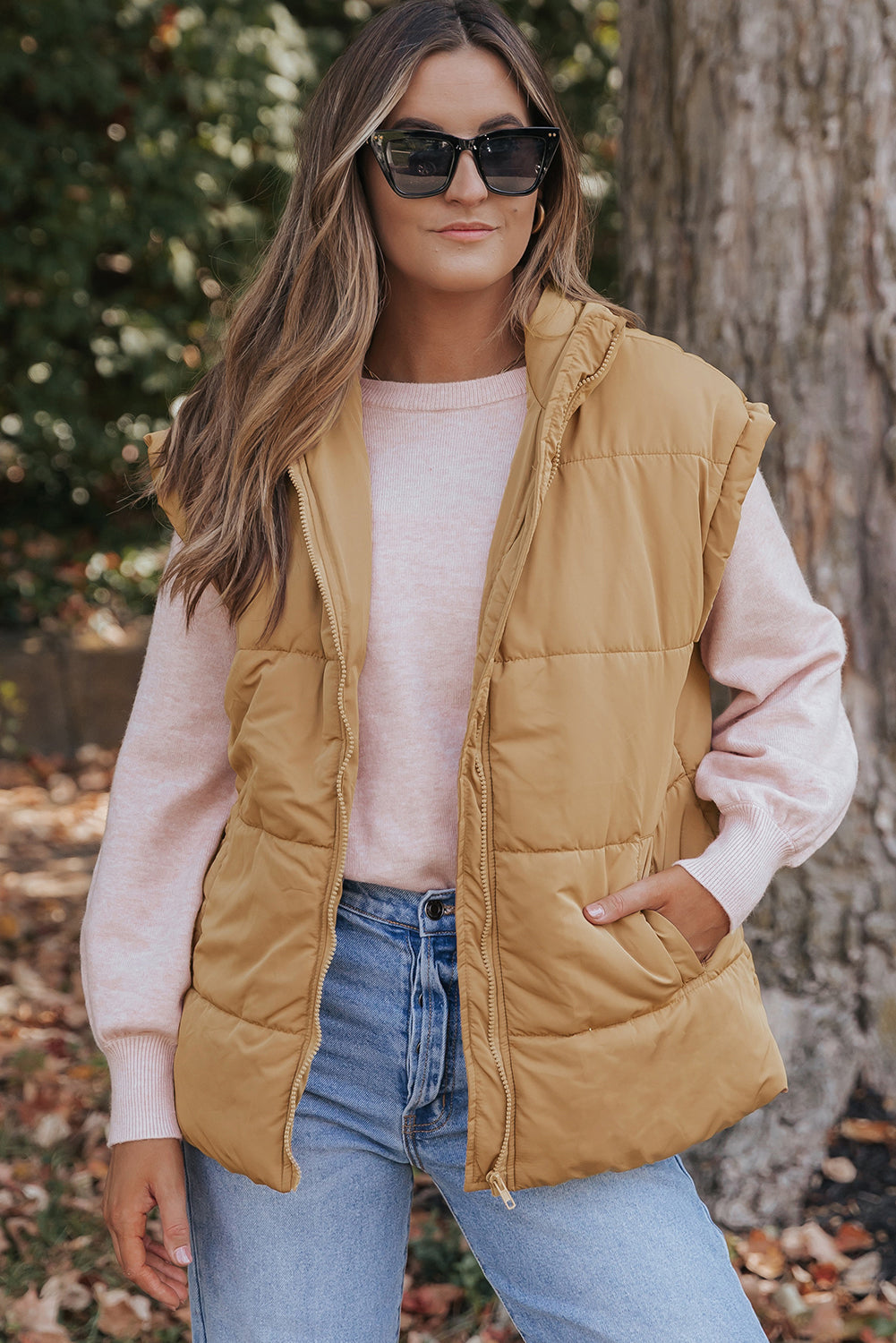 Oversized Stand Collar Zip Winter Vest – Khaki