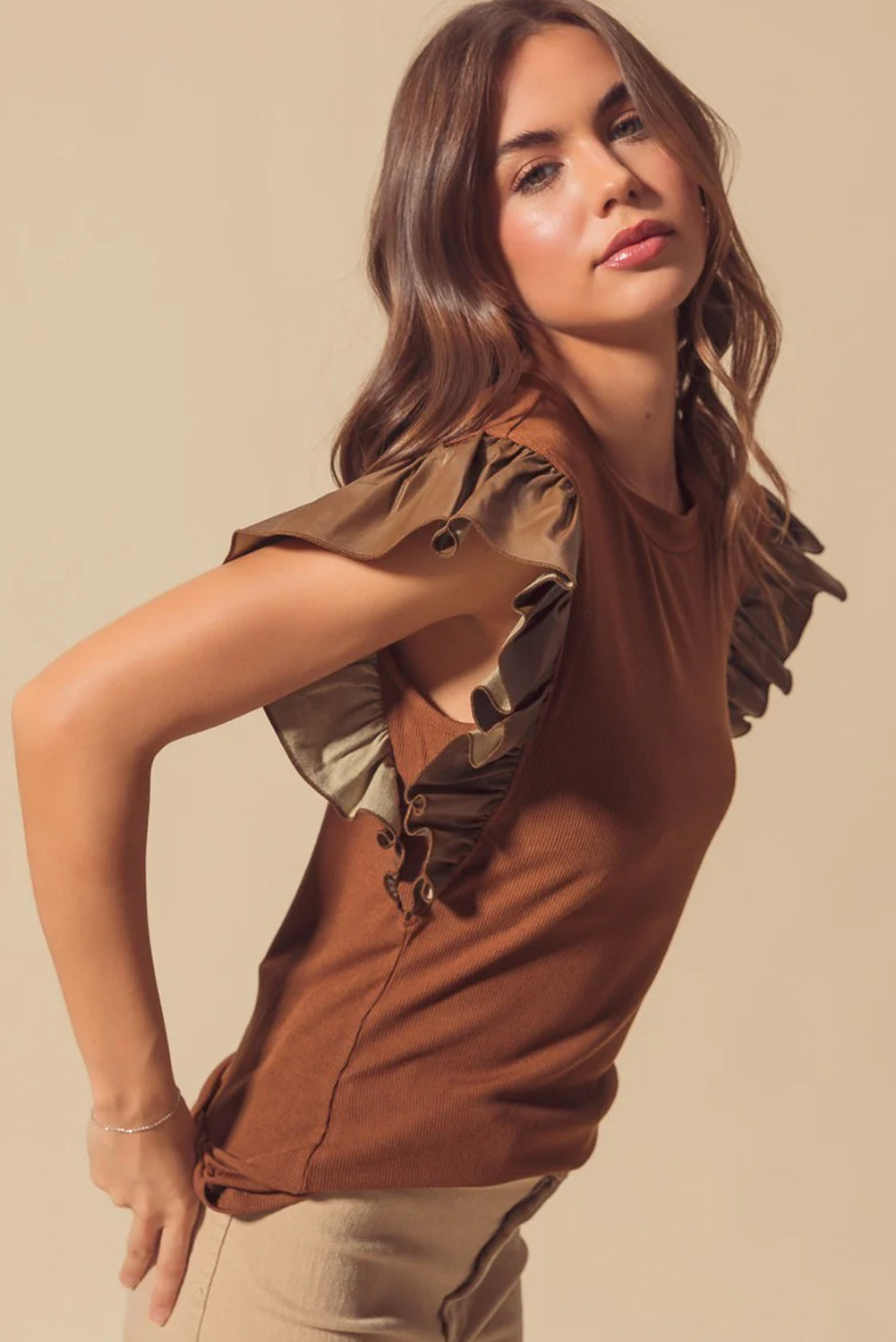 Cinnamon Leather Ruffle Sleeve Patchwork Round Neck Blouse eAura