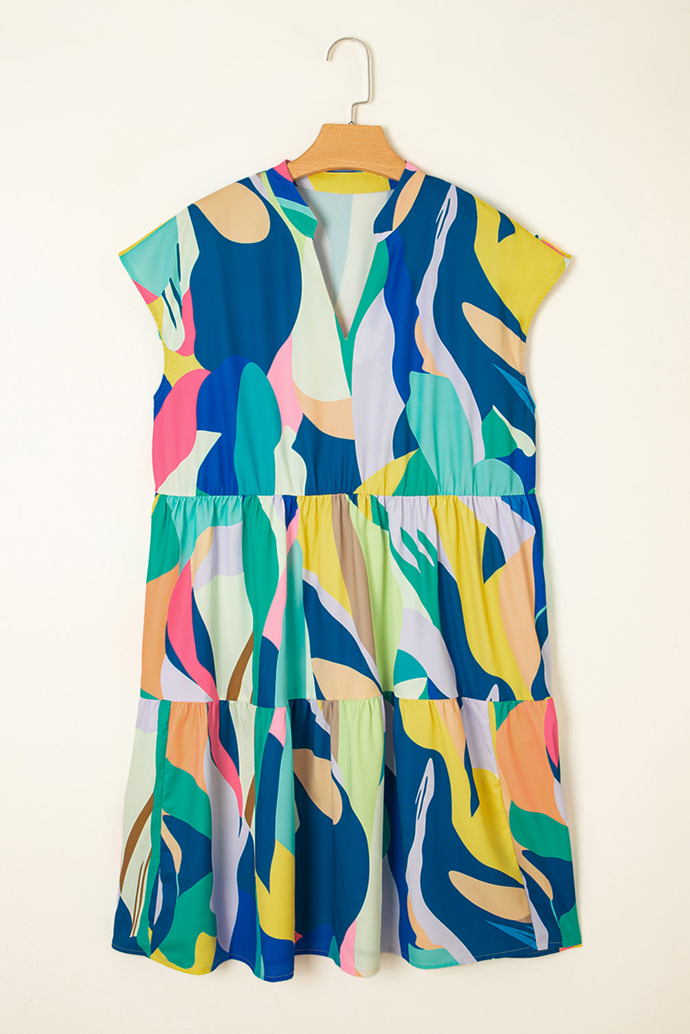 Blue Abstract Print V Neck Cap Sleeve Pocketed Mini Dress eAura