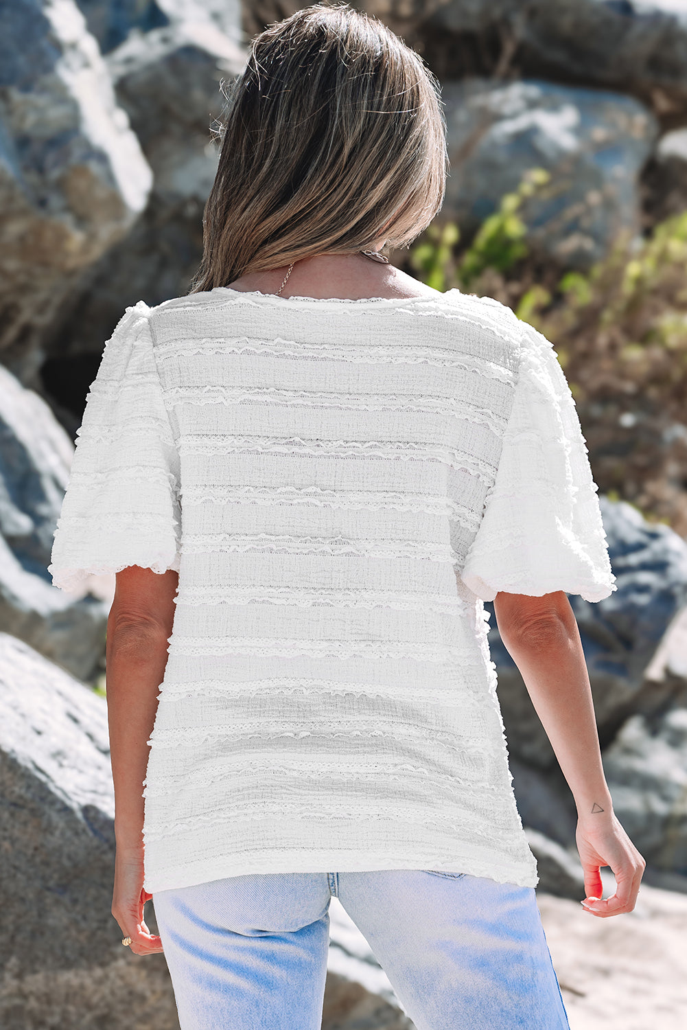 White Frilled Lace Trim Bubble Sleeve Blouse eAura