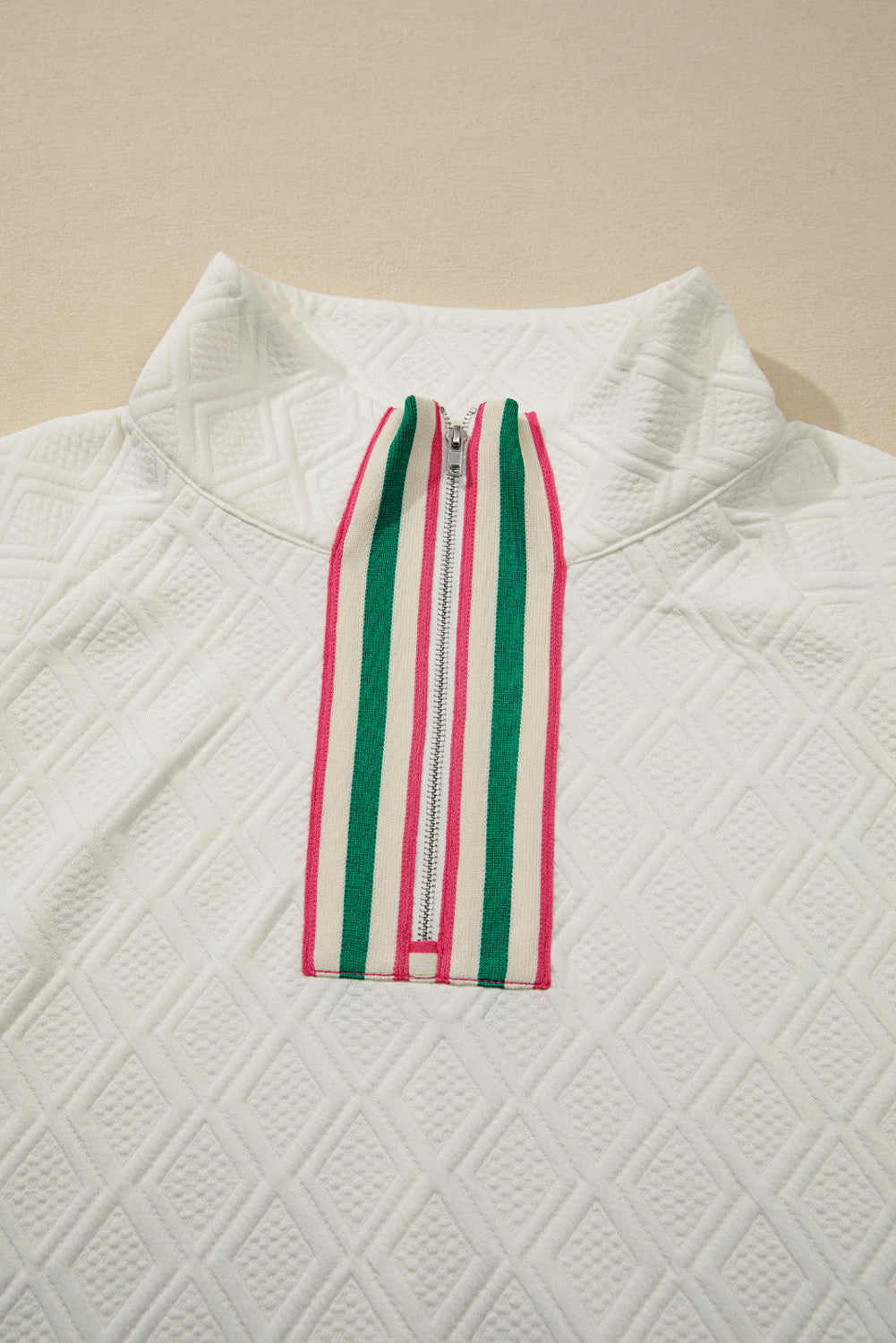 Beige Plus Size Rhombus Texture Contrast Striped Collar Baggy Sweatshirt Dear-Lover Dropshipping