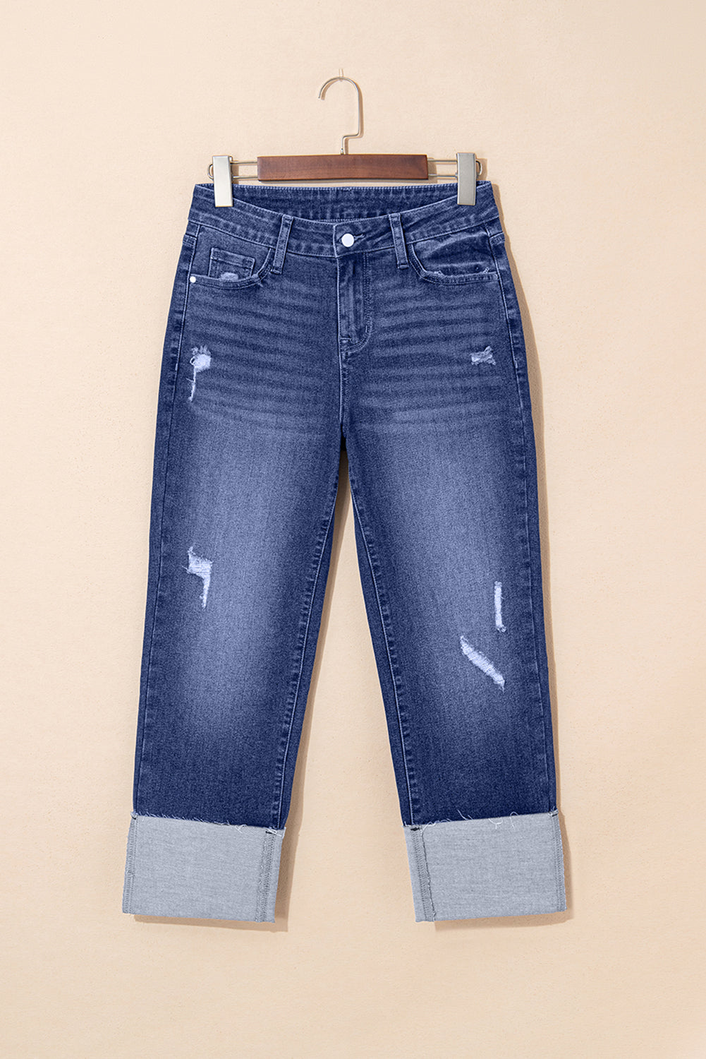 Folded Cuffs Distressed Straight High Waist Jeans eAura