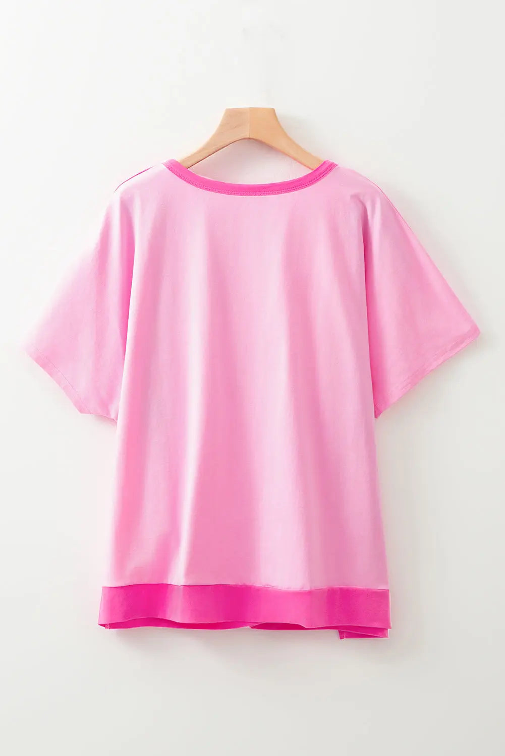 Bright Pink Colourblock Patchwork Short Sleeve Buttons Plus Size Henley Top - Size/Plus Tops/Plus Tops & Tees