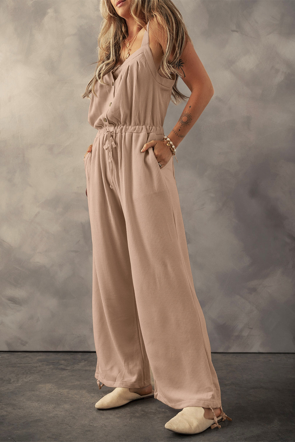 Pale Khaki Knotted Straps Button Textured Drawstring Jumpsuit eAura