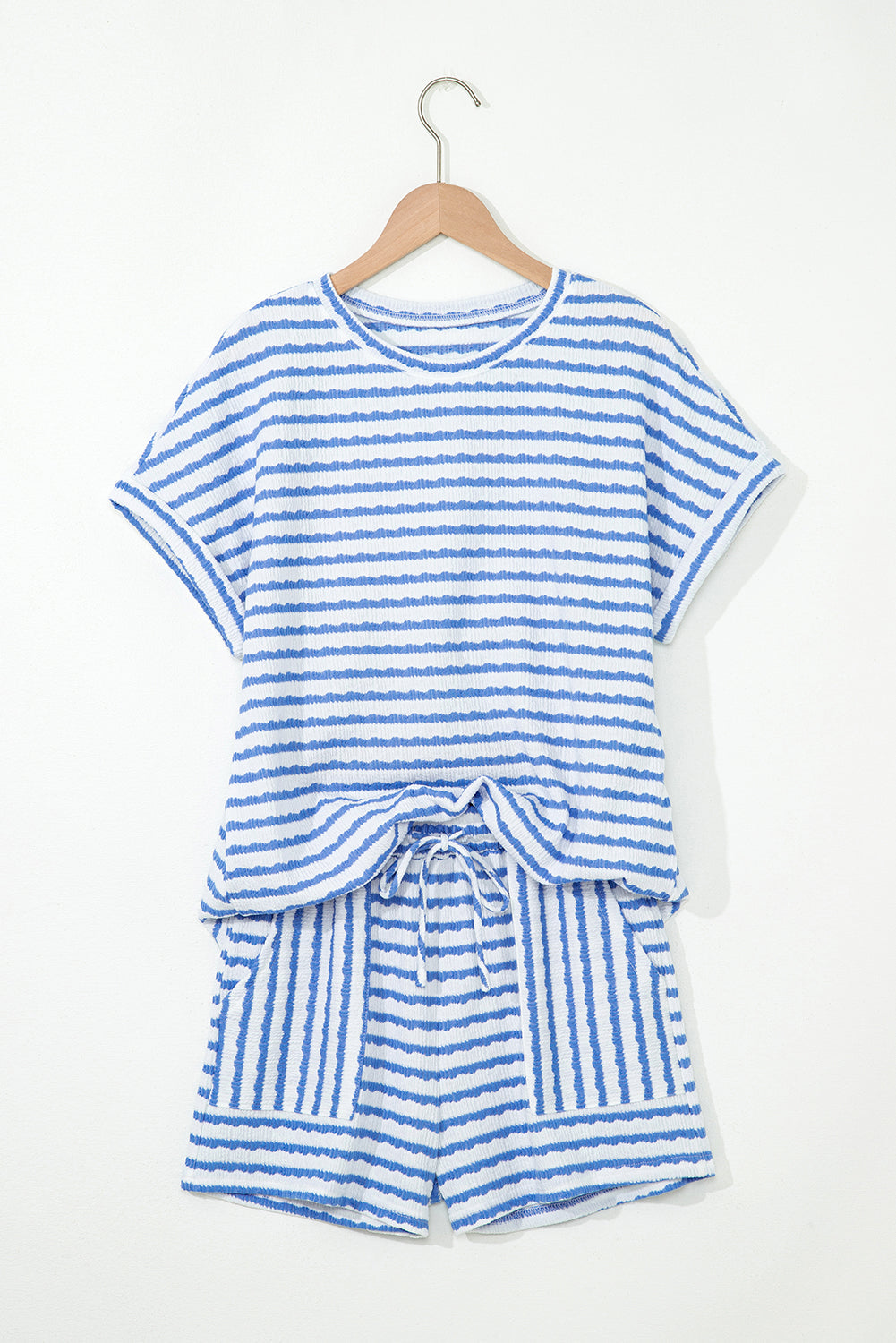 Black Stripe Knitted Short Sleeve Top and Drawstring Shorts Set eAura