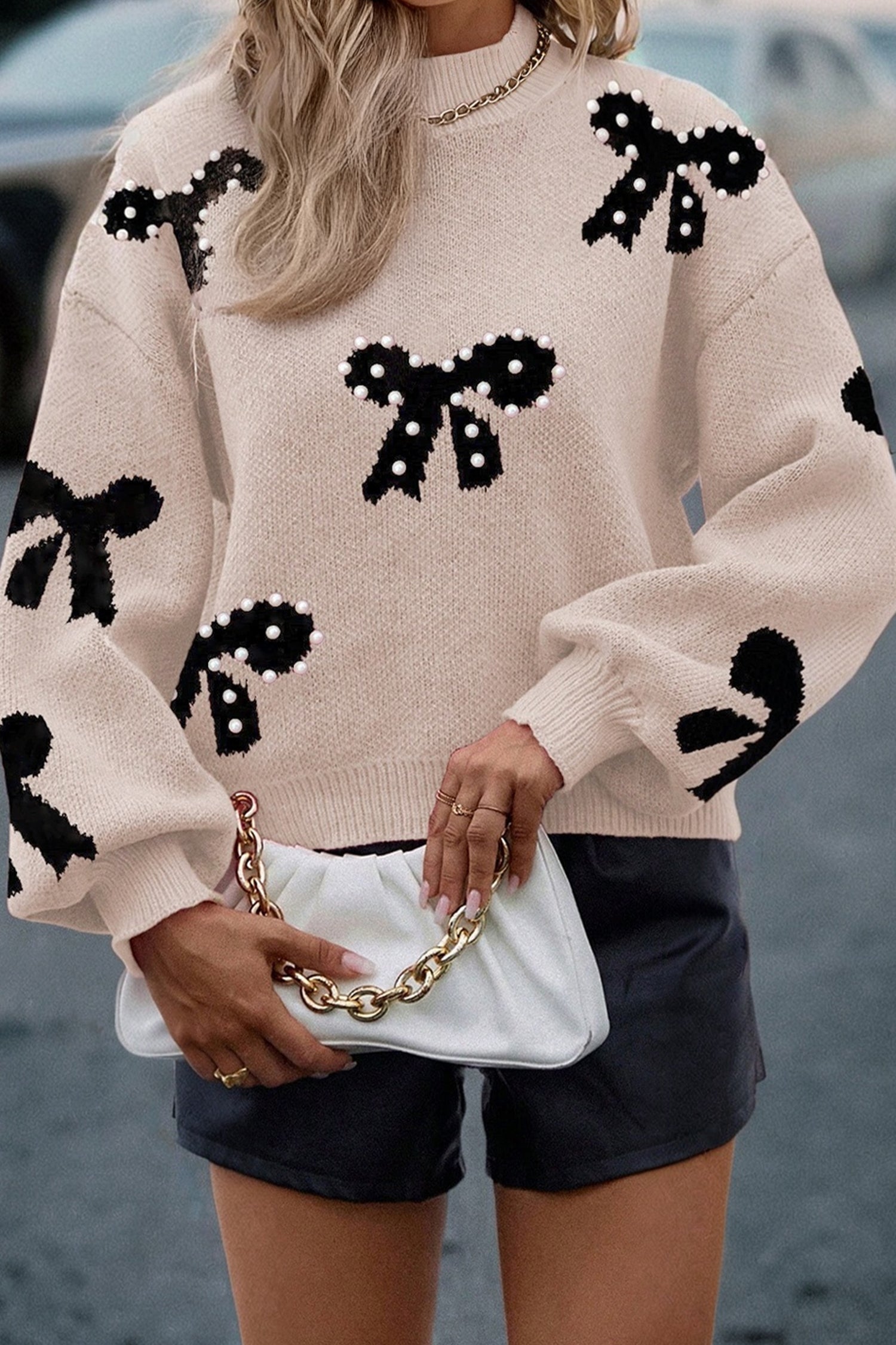 Pearl Embellished Bow Pattern Loose Sweater - eAura