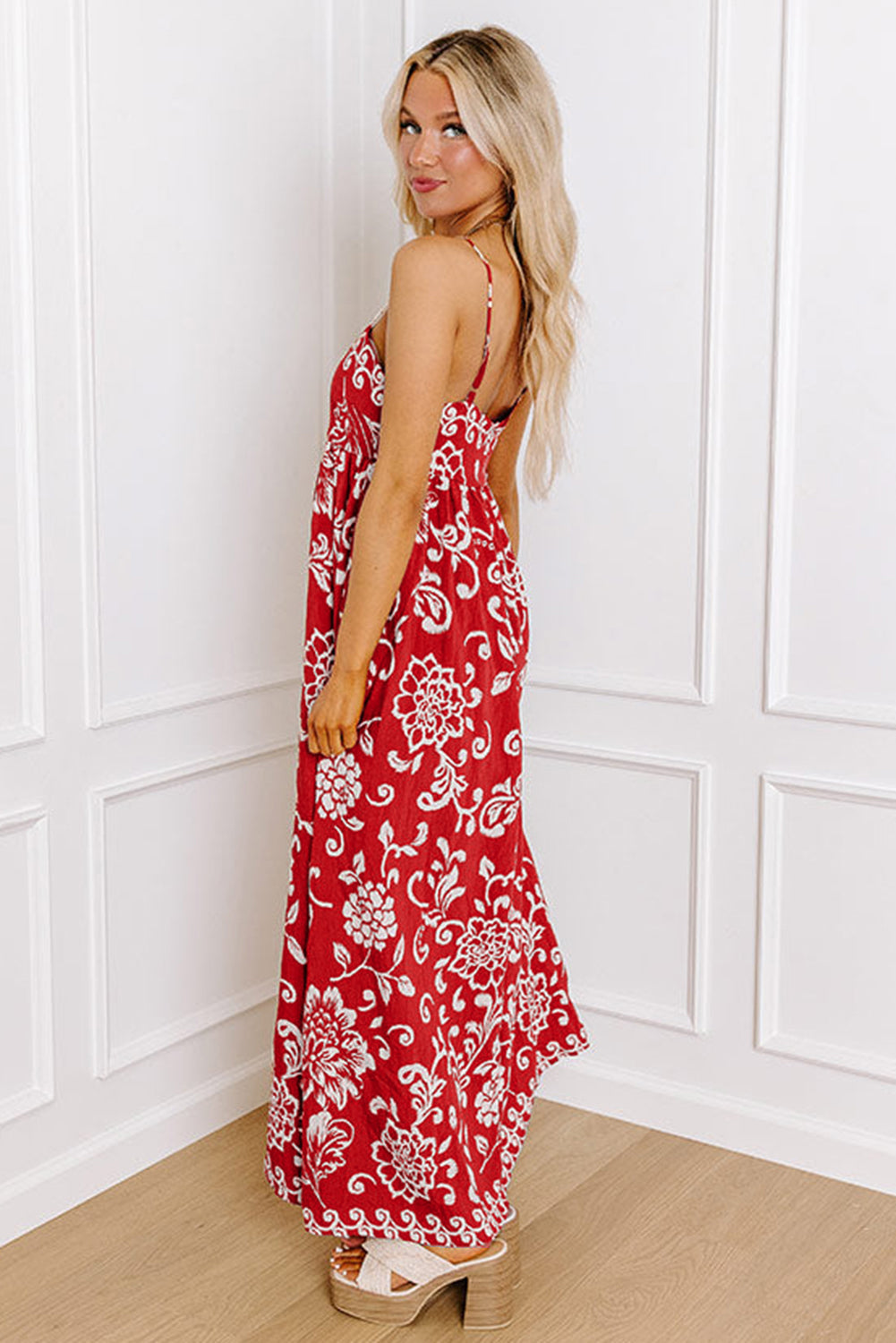 Red Floral Printed Spaghetti Strap Empire Waist Maxi Dress eAura