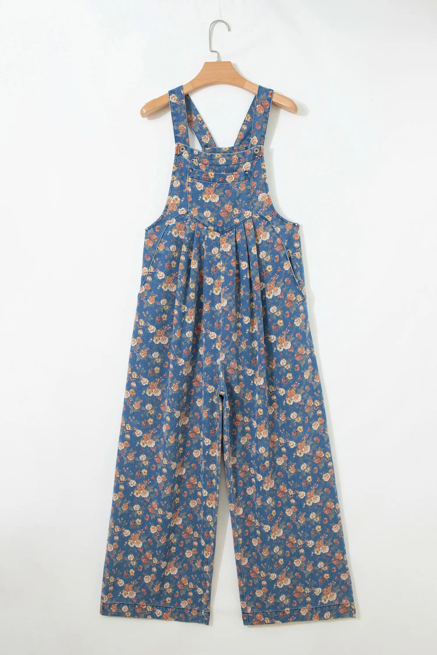 Blue Vintage Rose Printed Pleated Loose Denim Overall Jumpsuit