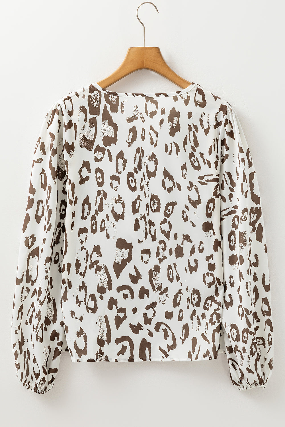 Khaki Leopard Print Split Neck Balloon Sleeve Blouse eAura