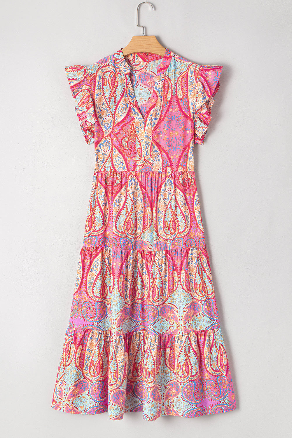 Rose Tribal Paisley Print Ruffled Sleeve Notch Neck Midi Dress eAura