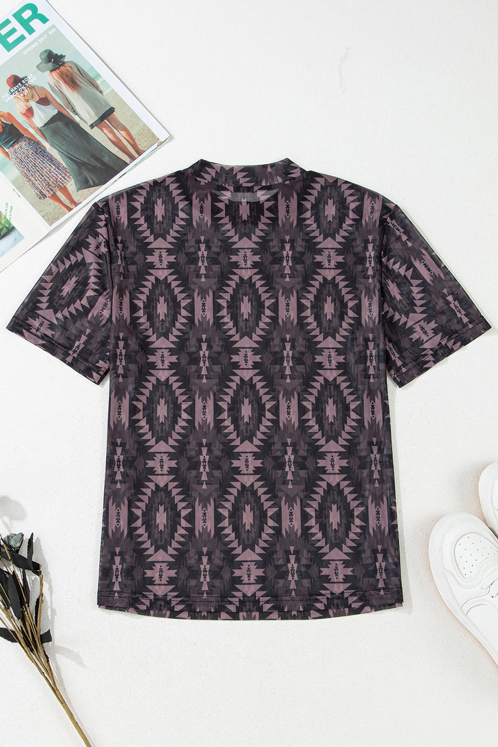 Aztec Print Mock Neck Short Sleeve Mesh T Shirt eAura
