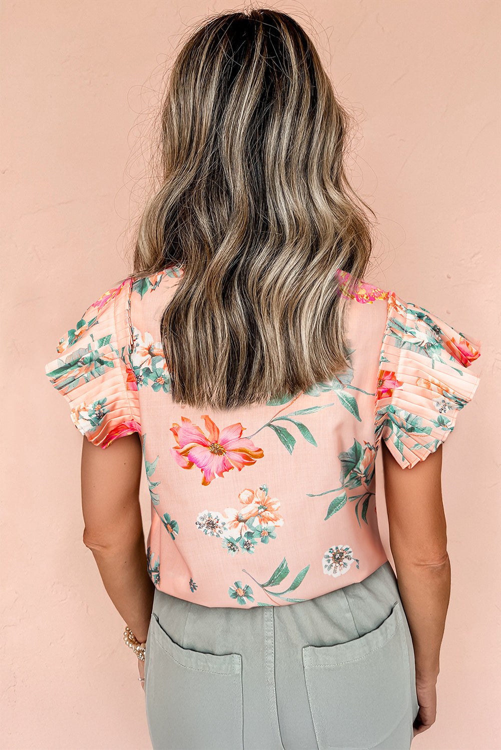 Pink Floral Print Frilled V Neck Pleated Sleeve Blouse eAura