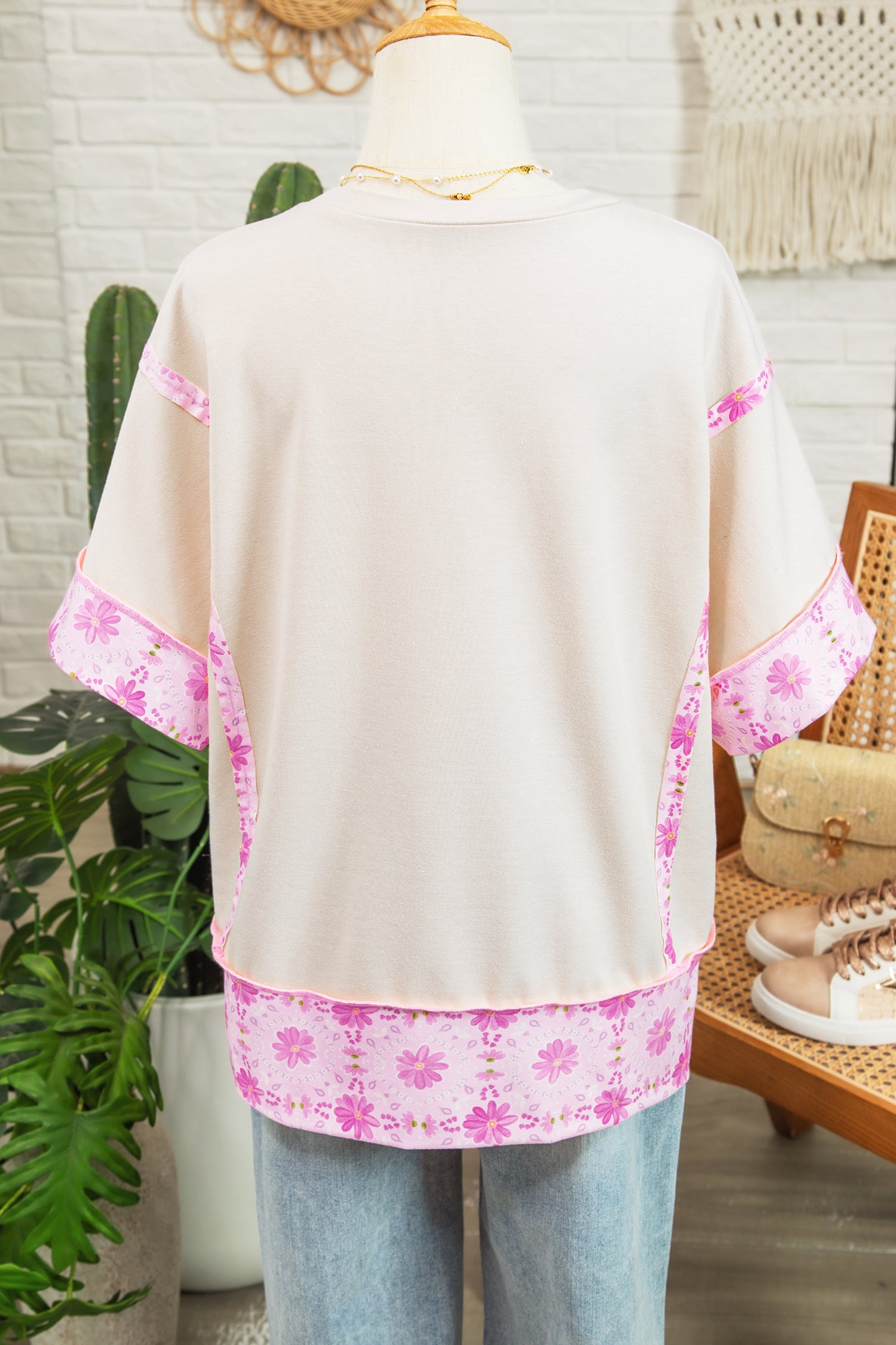 Daisy Floral Bow Contrast Patchwork Loose T Shirt – Apricot