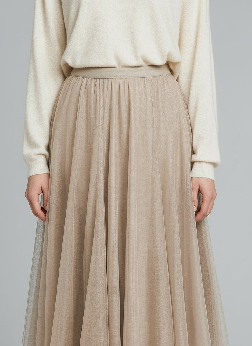 Detail shot of Apricot Tulle Mesh Overlay Flared Midi Skirt