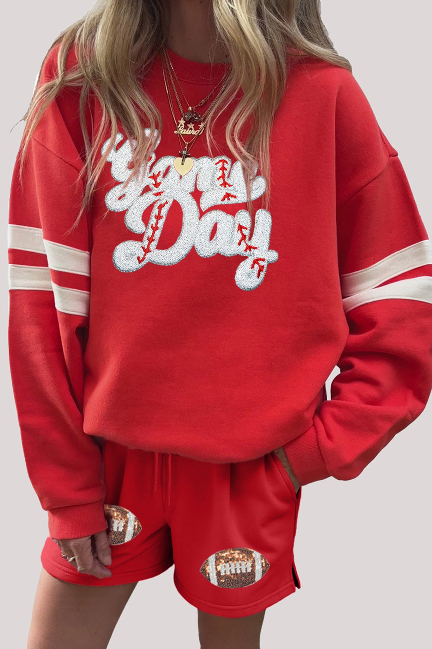 Glitter Game Day Slogan Football Patch Varsity Graphic Two Piece Set – Fiery Red