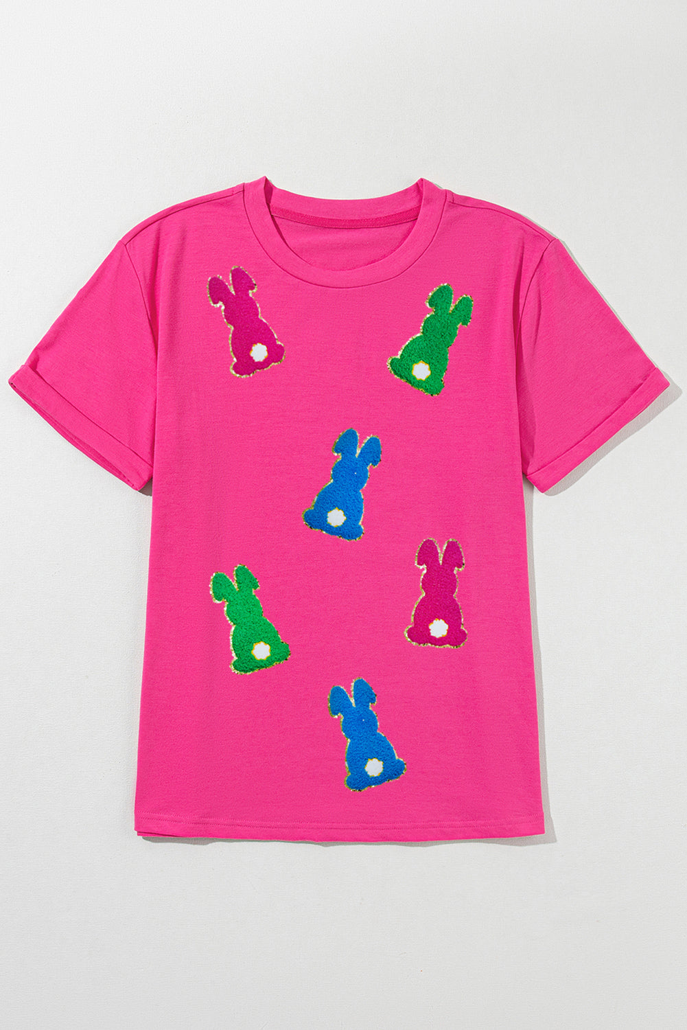 Rose Red Easter Rabbit Chenille Patched Pattern Crew Neck Tee eAura