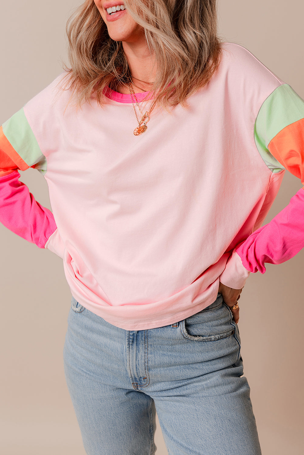 Pink Colourblock Patchwork Long Sleeve Loose Top eAura