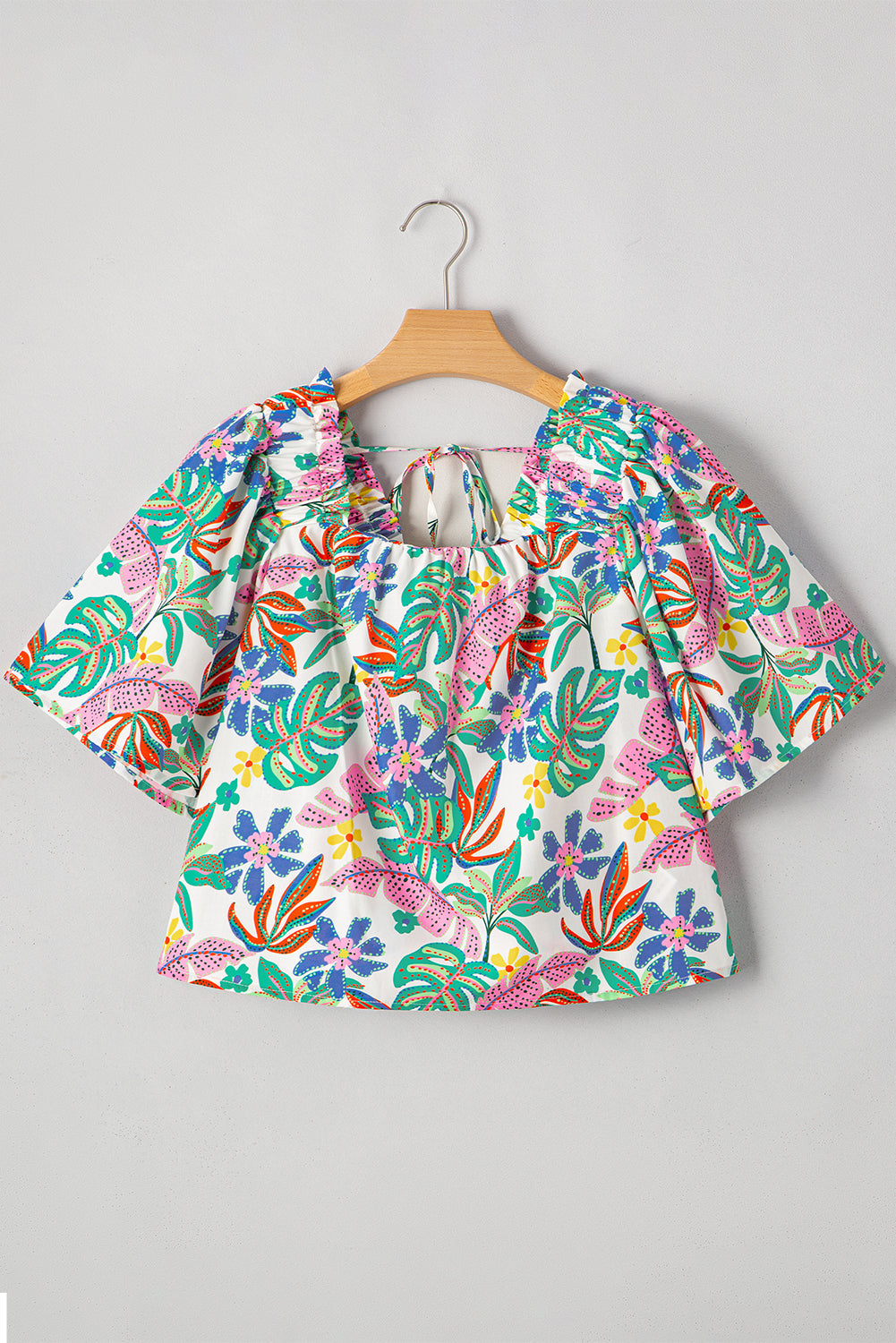 Plant Print Loose Fit Puff Sleeve Square Neck Cropped Blouse eAura