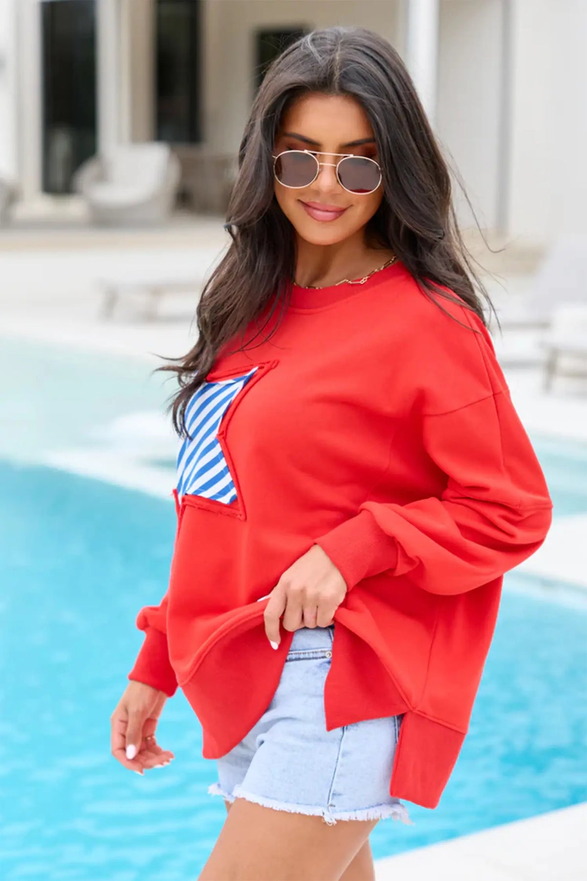 Patch Embroidery Star Colourblock Plus Size Sweatshirt – Fiery Red