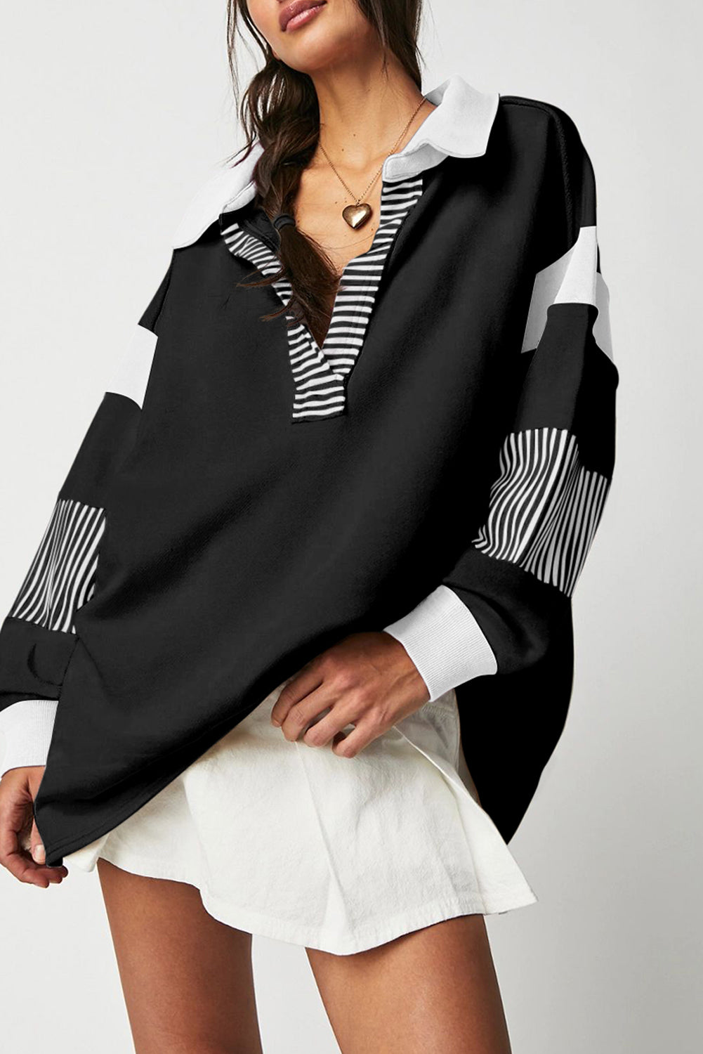 Black Striped Colourblock Patchwork Collar Sweatshirt eAura
