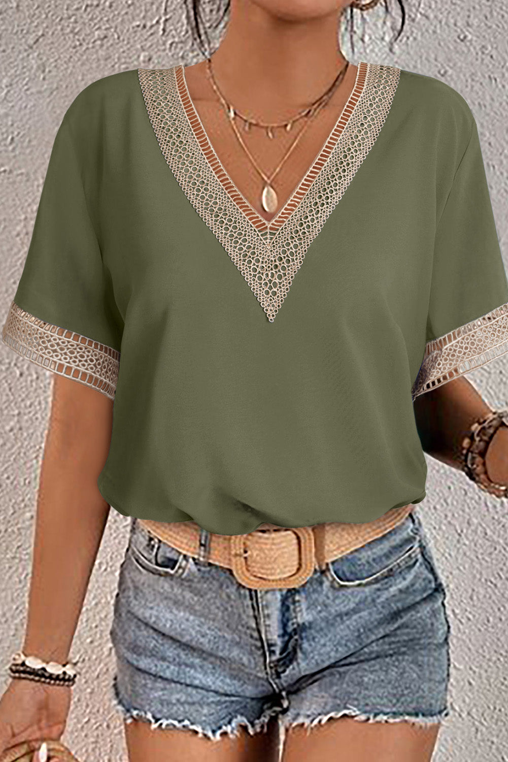 Lace Trim V-Neck Short Sleeve Blouse