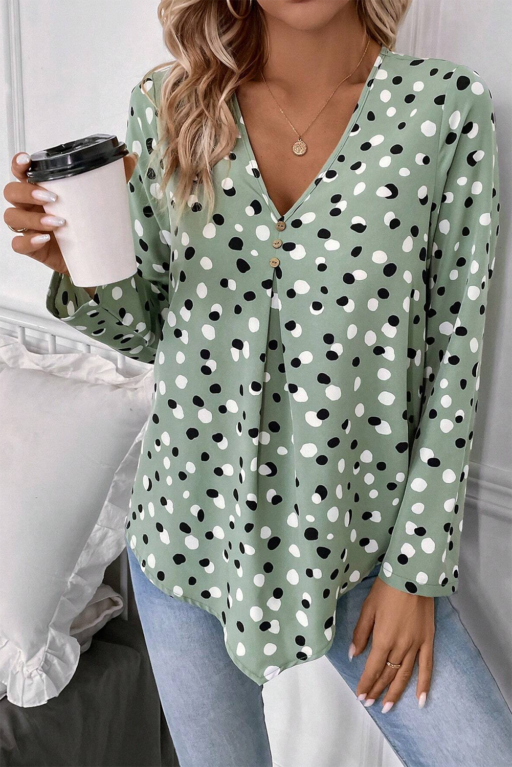 Green Dotted Print Button Front V-Neck Blouse