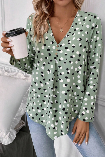 Green Dotted Print Button Front V-Neck Blouse
