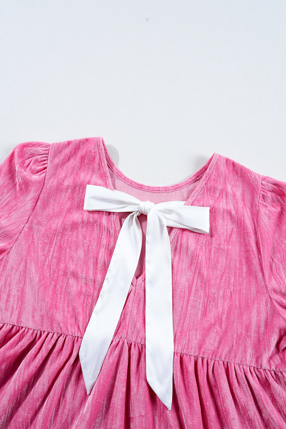 Strawberry Pink Flounce Sleeve Tiered Ruffled Velvet Mini Dress eAura