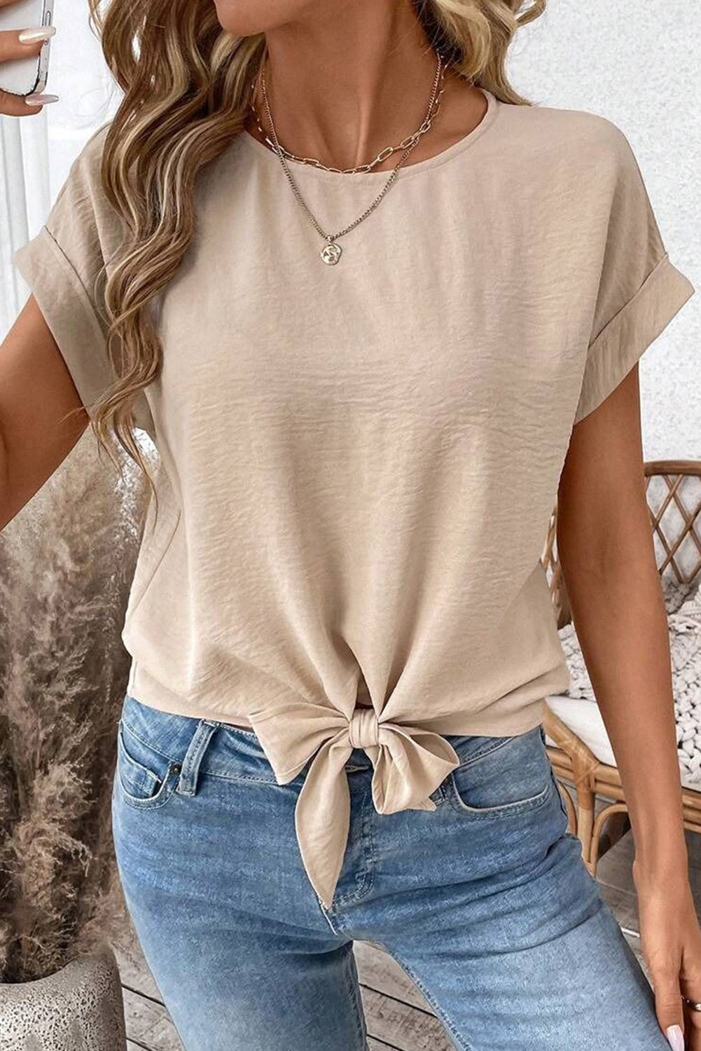 Parchment Solid Colour Knotted Hem Short Sleeve Blouse eAura
