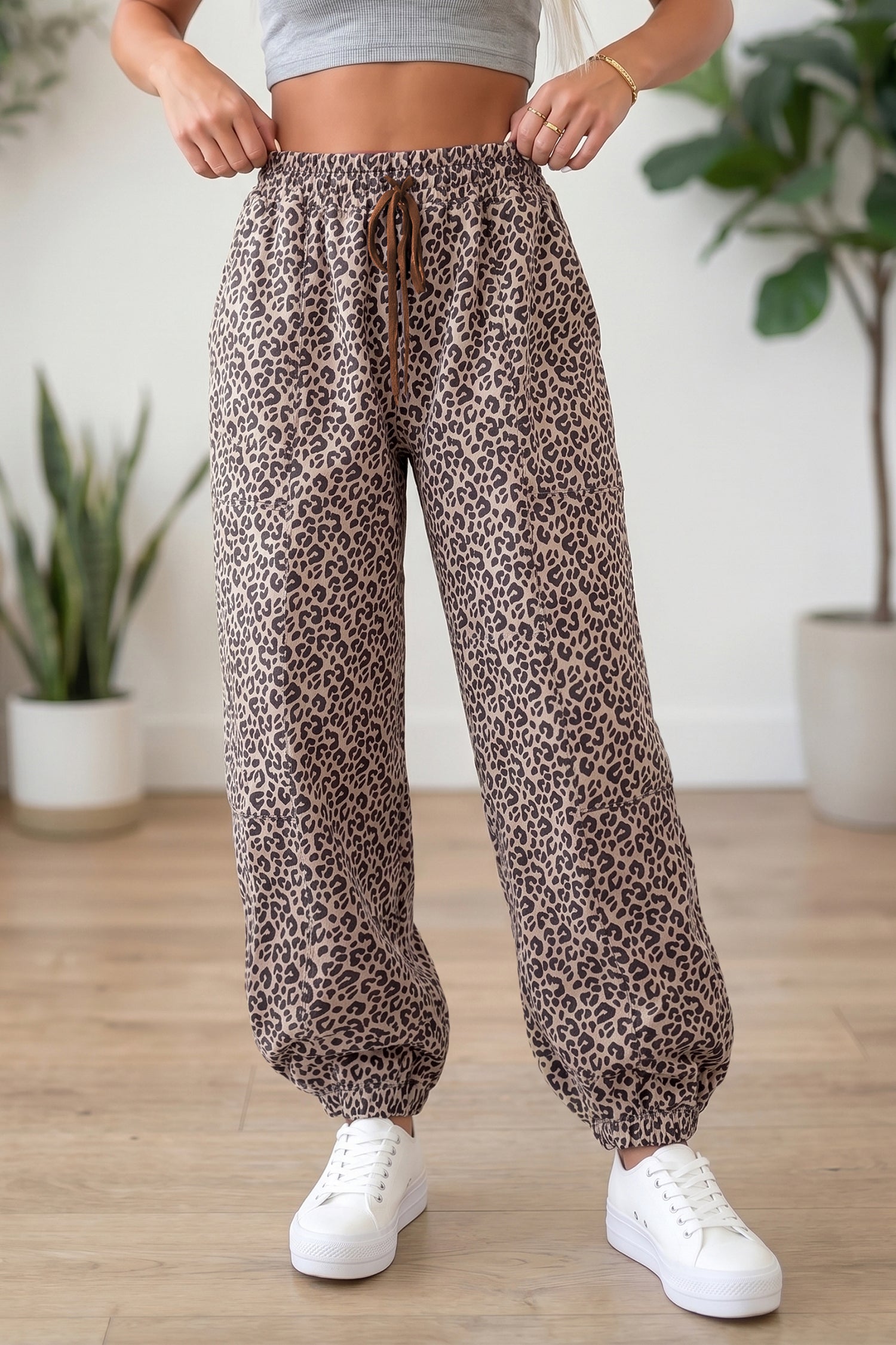 Leopard Print Elastic Waist Ankle Length Pants – Khaki