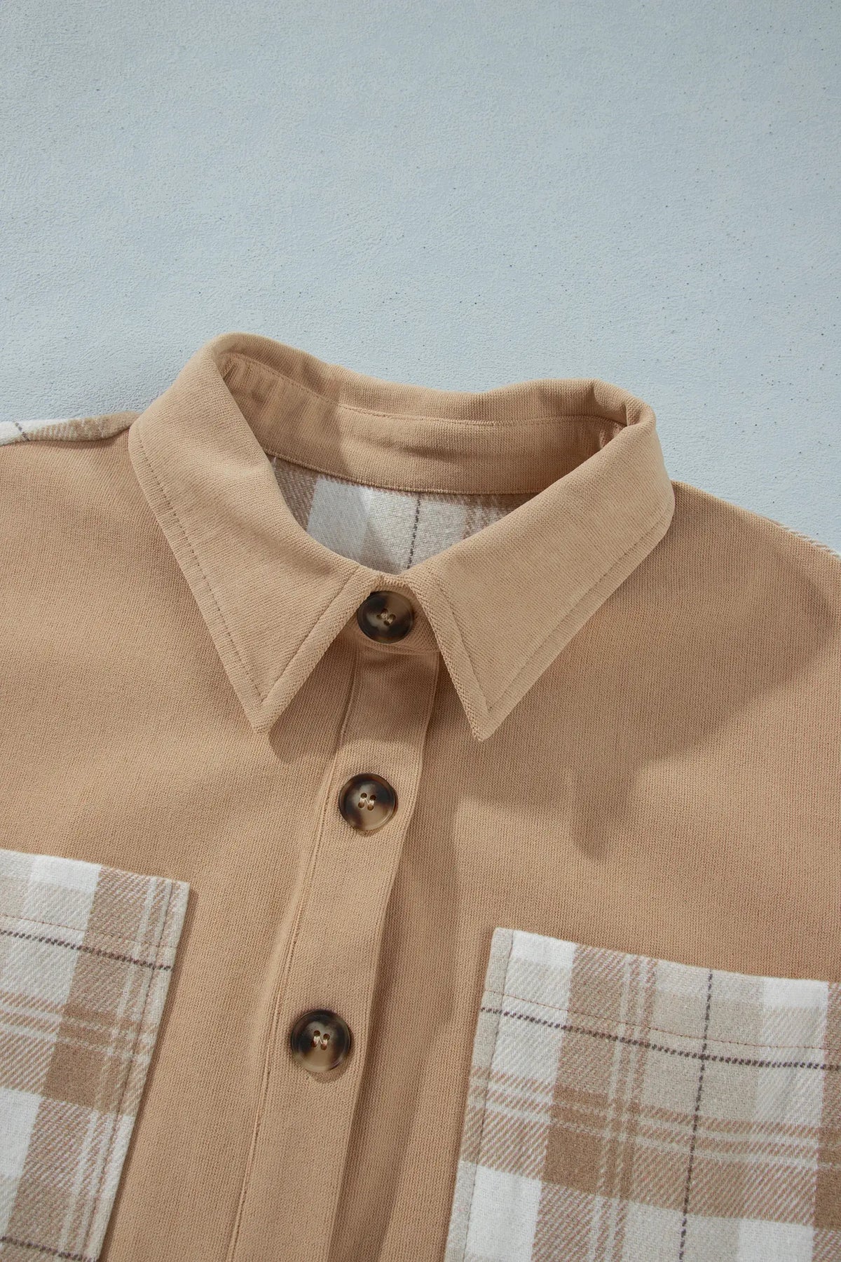 Plaid Colourblock Shirt Collar Shift Shacket – Light French Beige