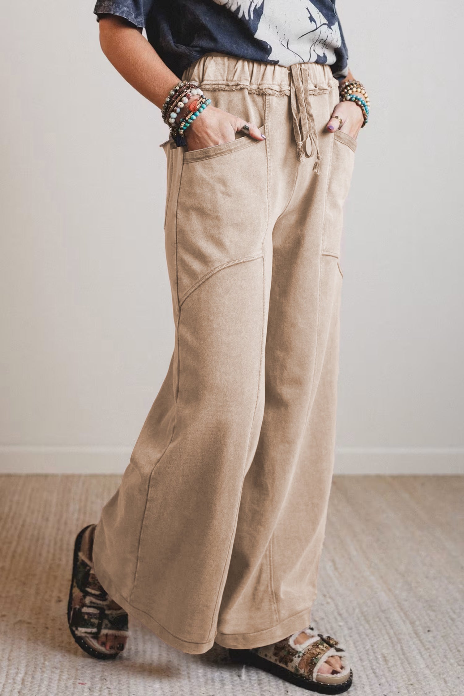 Mineral Wash Drawstring Retro High Waist Wide Leg Western Pants – Smoke Gray