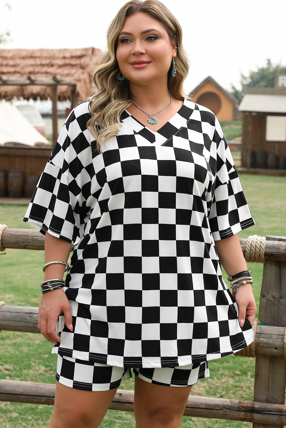 Black Checkered Pattern Tee and Shorts Plus Size Two Piece Set BB Fashion Outlet