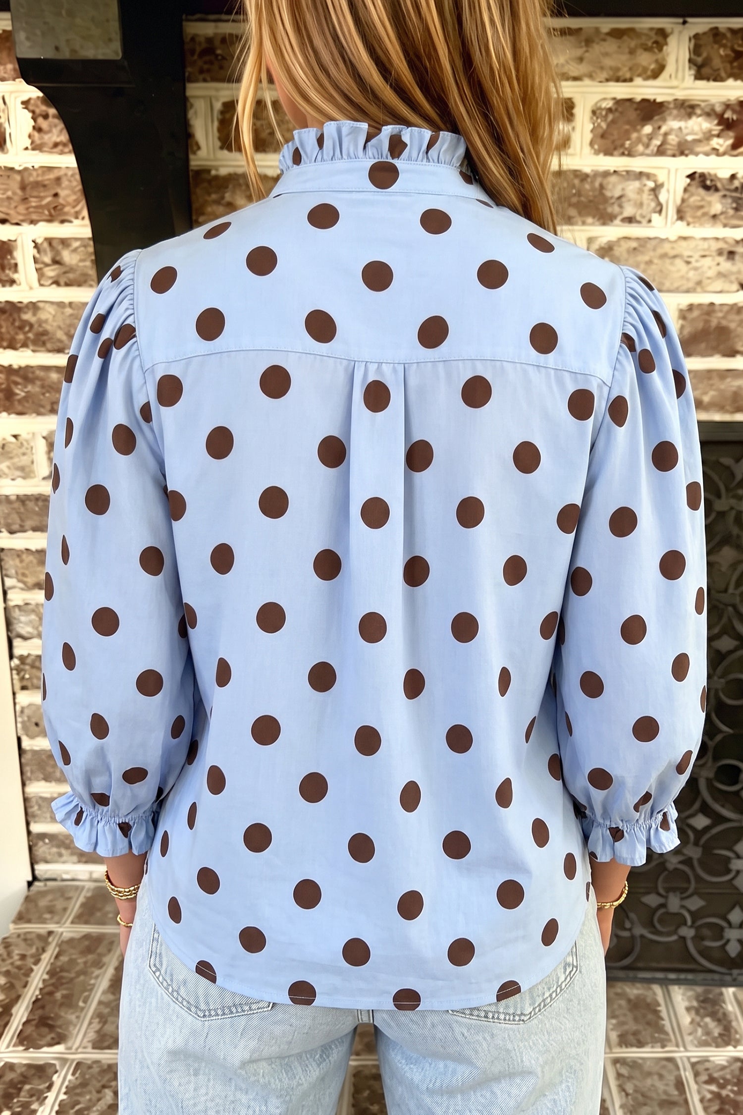 Polka Dot Striped Print Ruffle Stand Neck 3/4 Sleeve Shift Shirt – Fiery Red