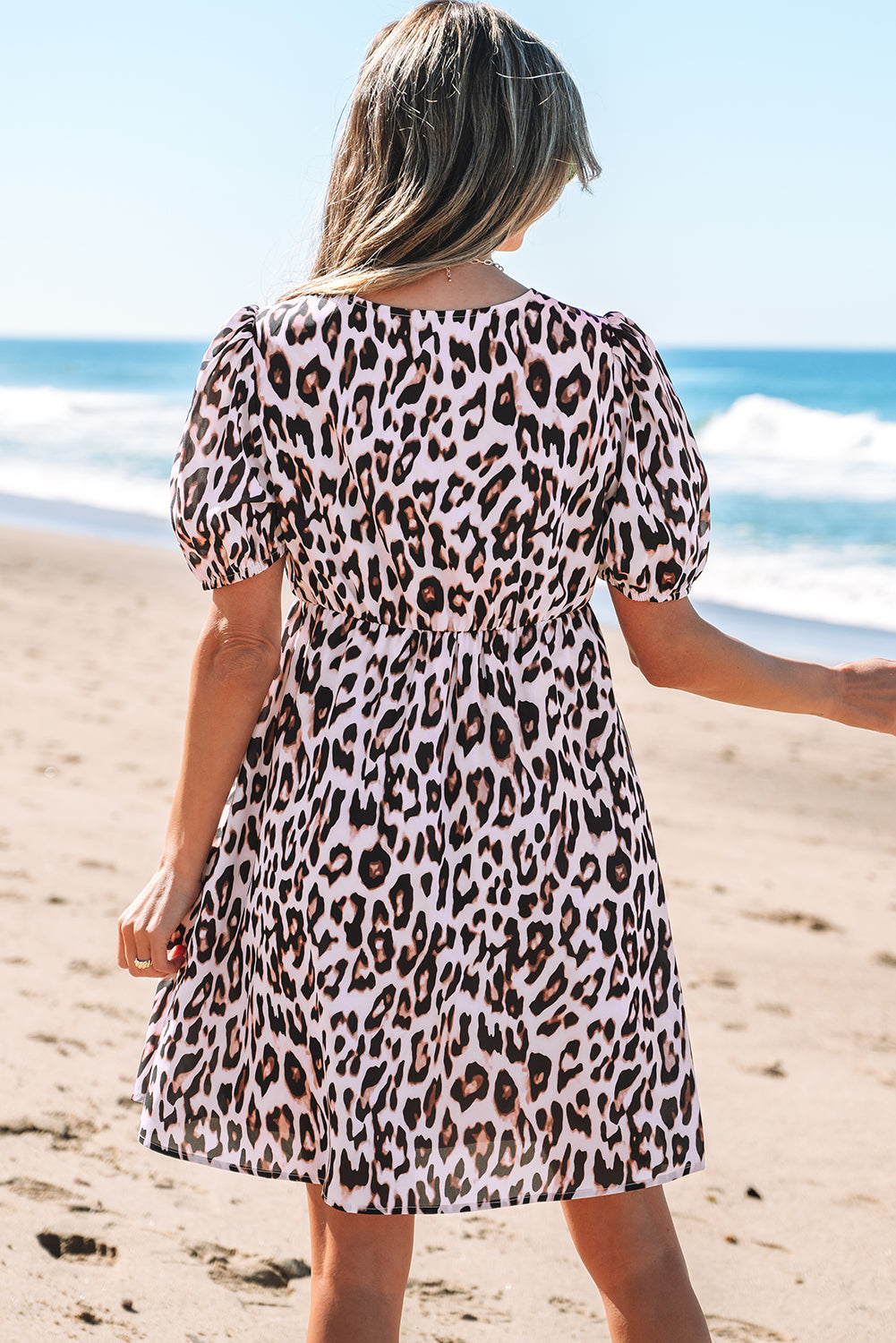 Leopard Print Tied Front Keyhole Puff Short Sleeve Mini Dress eAura