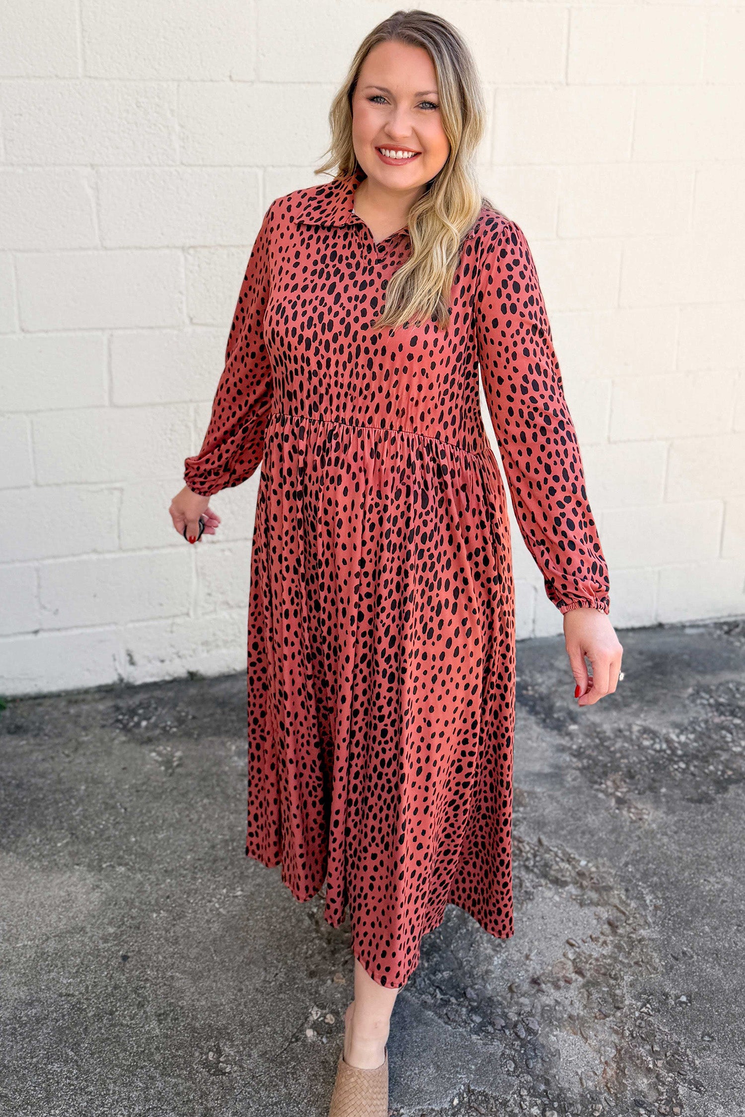 Leopard Print Long Sleeve V Neck Plus Size Midi Dress – Red