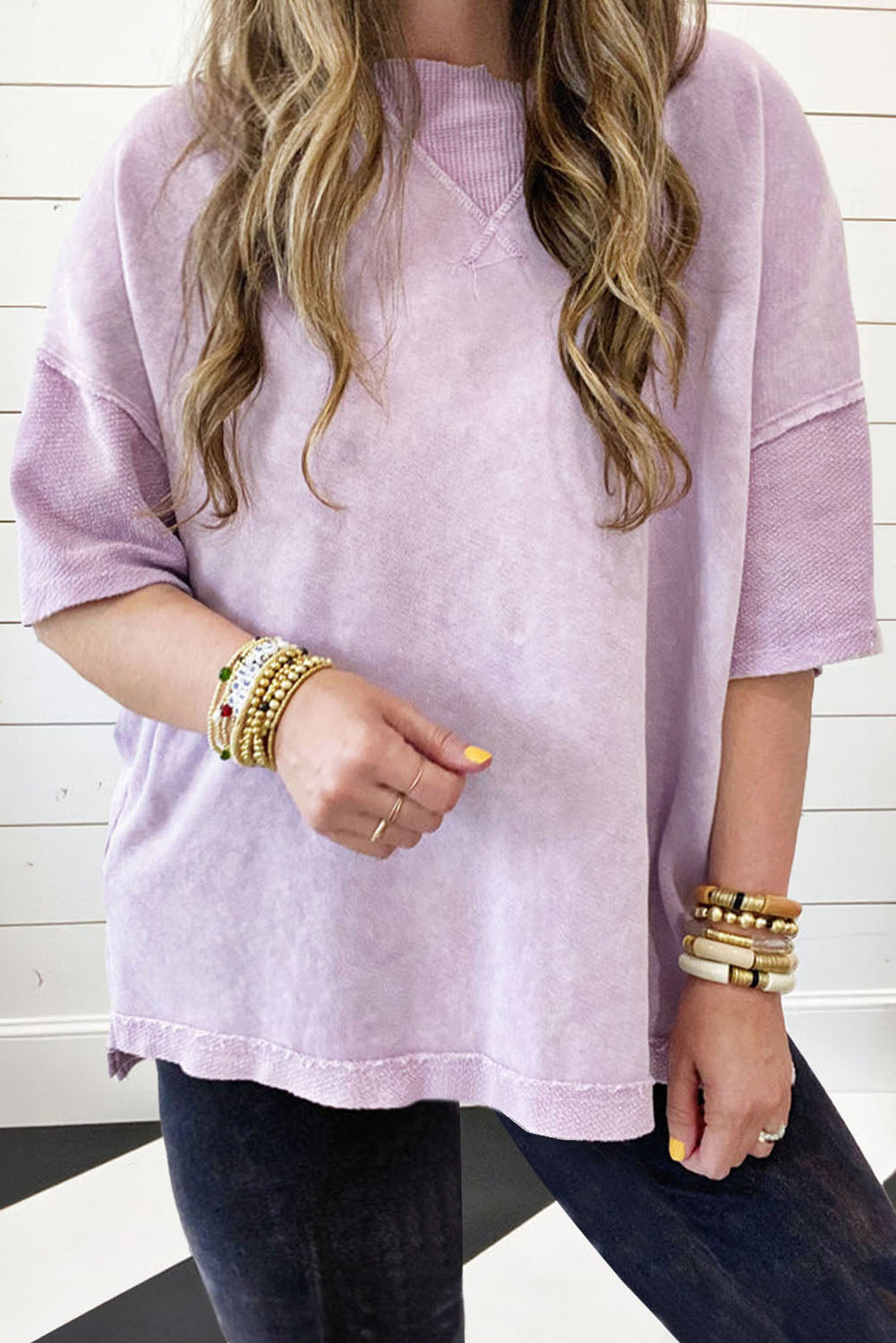 Strawberry Pink Mineral Wash Drop Sleeve Patchwork Plus Tee BB Fashion Outlet