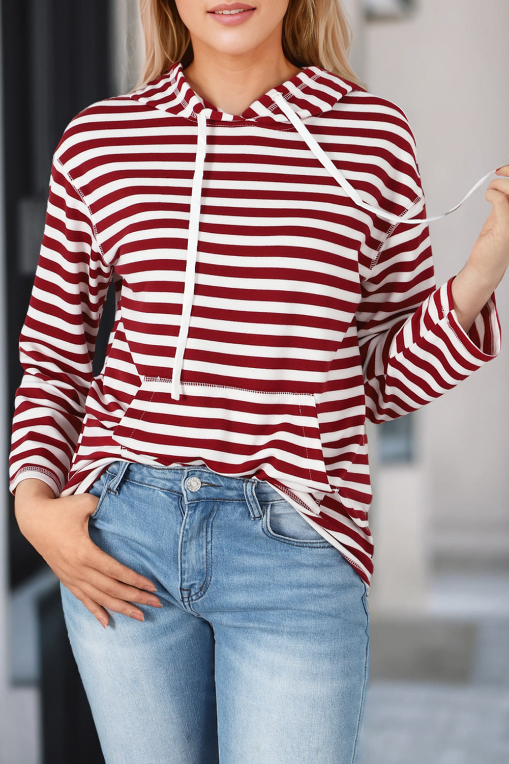 Stripe Kangaroo Pocket Drawstring Hoodie eAura