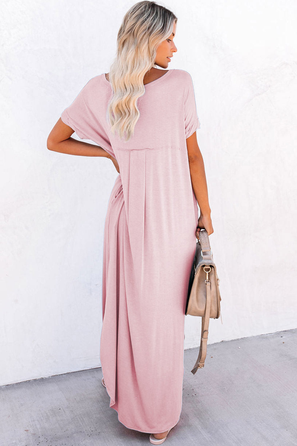 Pink V Neck Hidden Pocket Splits Maxi T-shirt Dress eAura