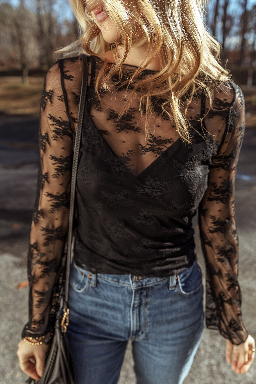 Black Lace Mesh Crochet Splicing Slim Fit Long Sleeve Blouse eAura