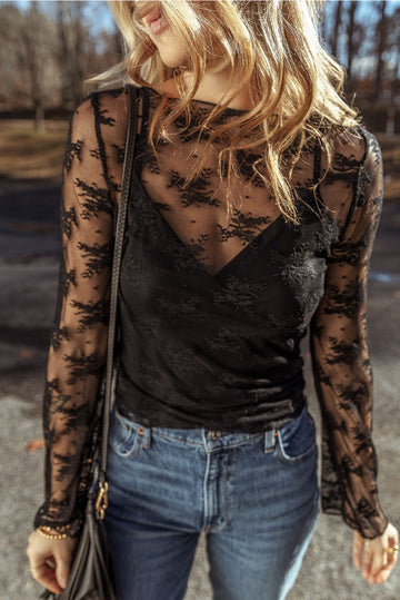 Black Lace Mesh Crochet Splicing Slim Fit Long Sleeve Blouse eAura