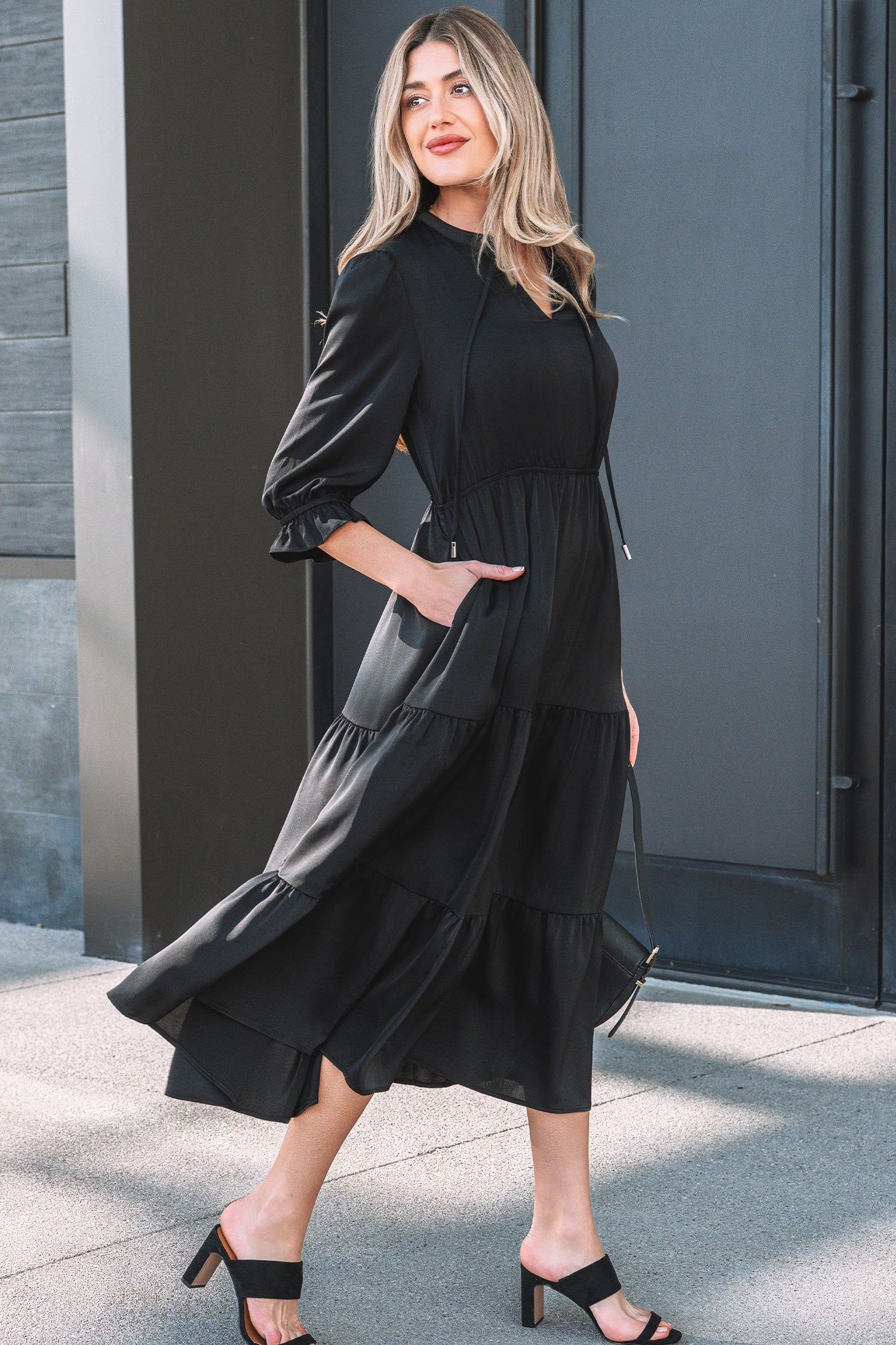 Black Flounced Bracelet Sleeve V-Neck Tiered Maxi Dress