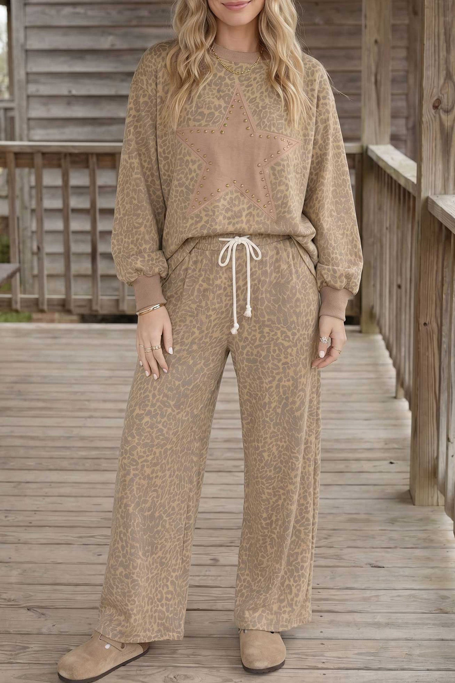 Leopard Star Print Long Sleeve Loose Casual Two Piece Pants Set – Khaki