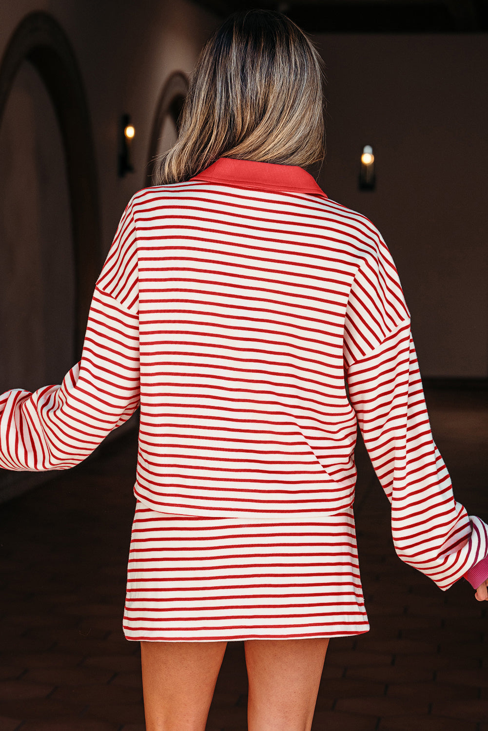 Stripe Collared V-Neck Drop Shoulder Pullover and Skort 2pcs Co-ord eAura