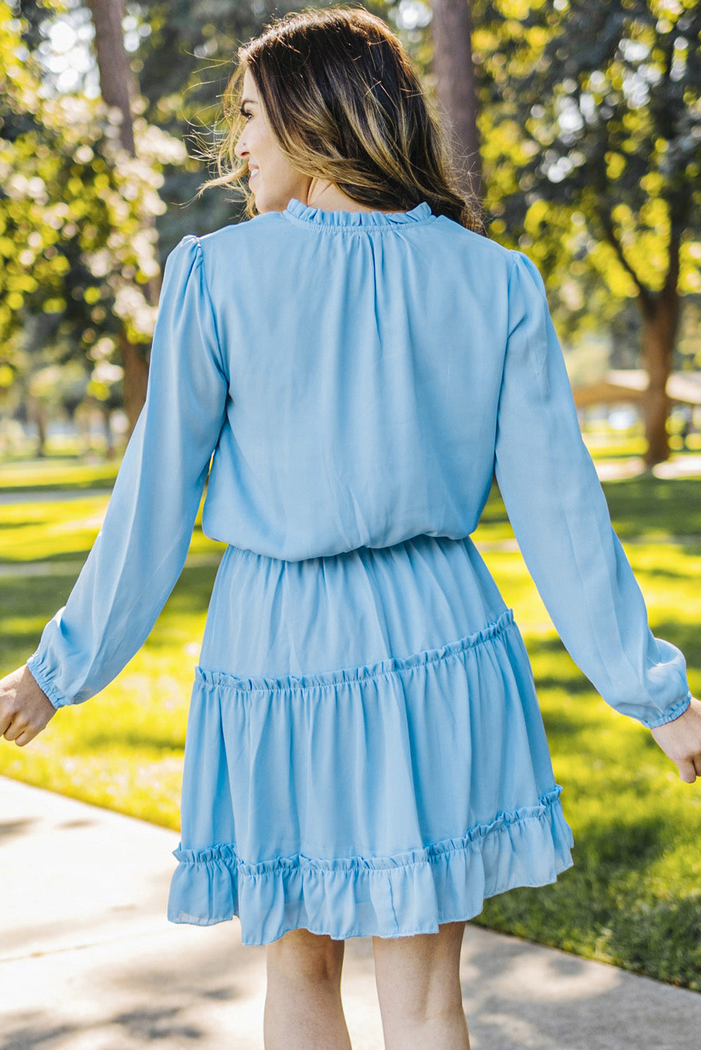 Light Blue V Neck Long Sleeve Ruffle Tiered Mini Dress eAura
