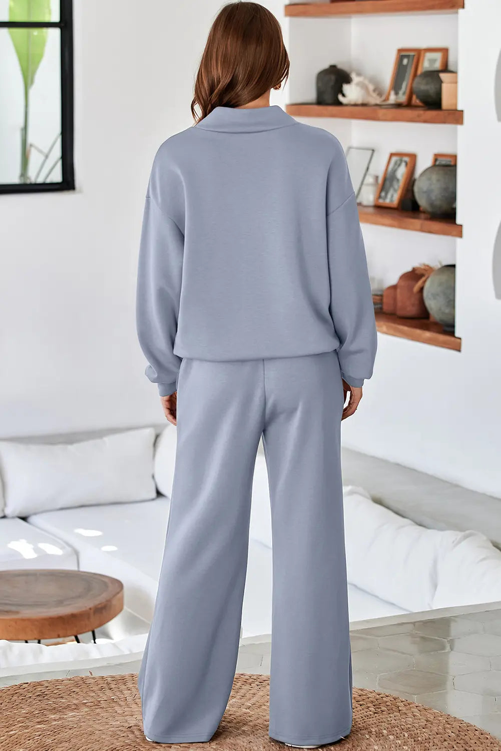 Solid Colour Cowl Neck Drawstring Pullover Wide Leg Athleisure Pants Set
