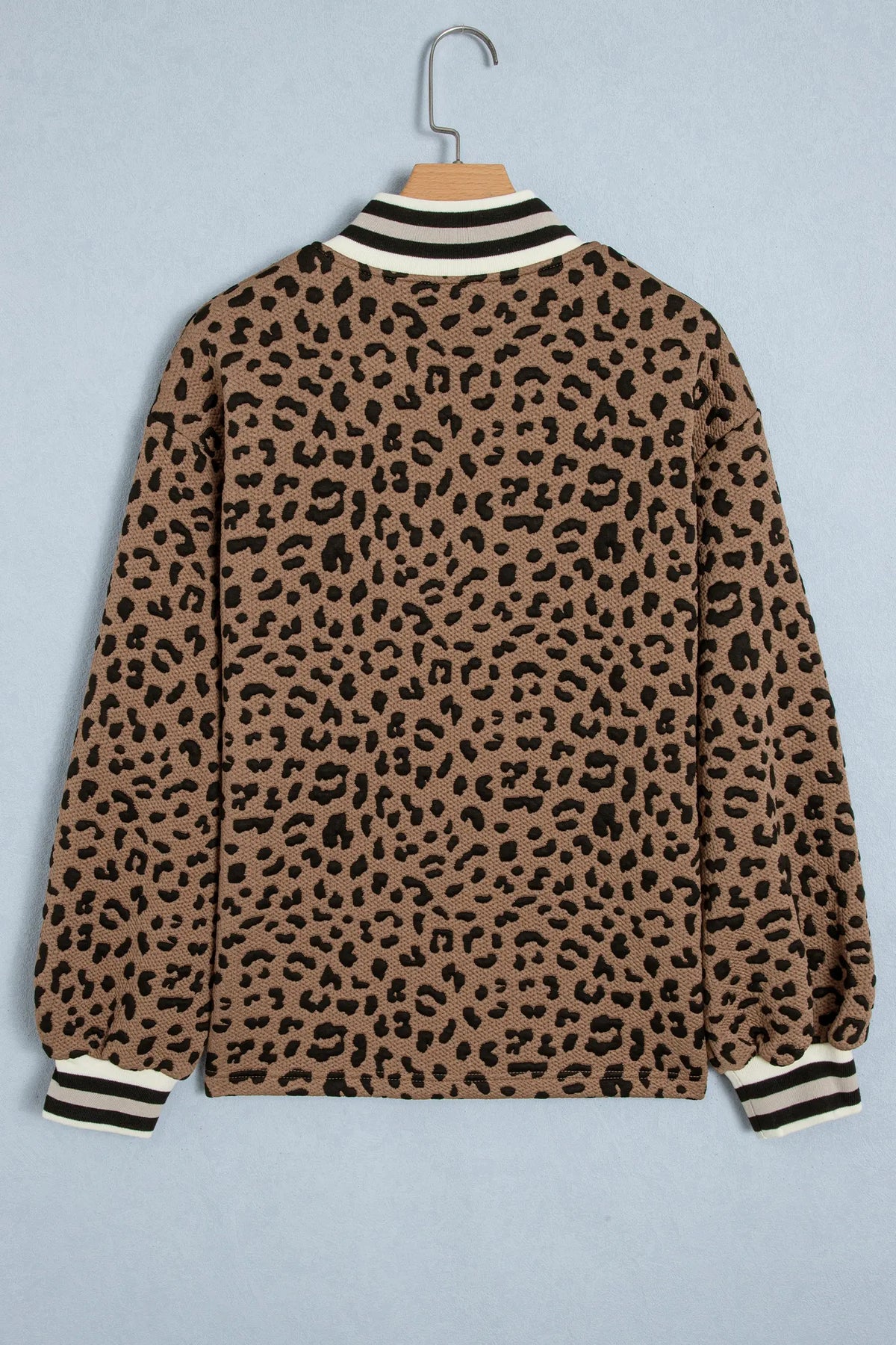Leopard Print Striped Trim Collar Long Sleeve Shift Pullover – Brown